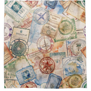 Rideaux De Douche Timbre de passeport rustique motif voyage (9)