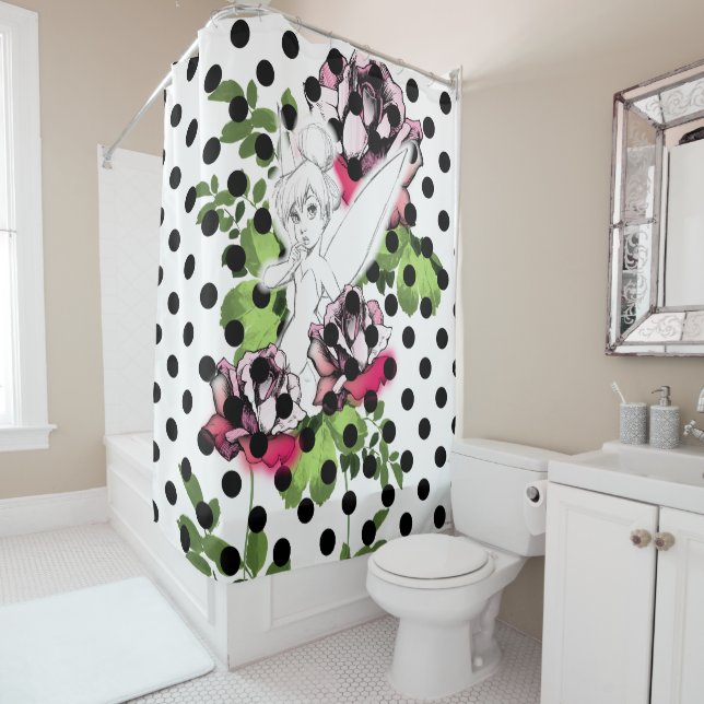 Rideaux De Douche Tinker Bell Sketch avec Roses et Pois (En situation)