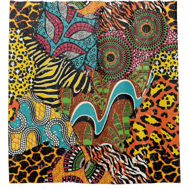 Rideaux De Douche Tissu africain traditionnel et peaux d'animaux sau (Devant)