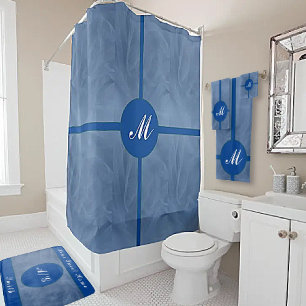 Rideaux De Douche Tissu Bleu Texturé Imprimer monogramme - Toute cou
