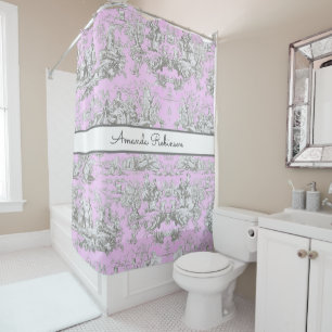 Rideaux De Douche Toile de Jouy Florale Rose Vintage Monogramme