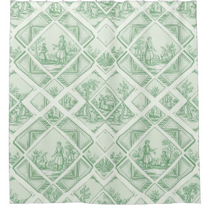 Rideaux De Douche Toile de Jouy vert sauge avec scènes pastorales