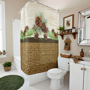 Rideaux De Douche Toile de jute et pommes de pin en bois