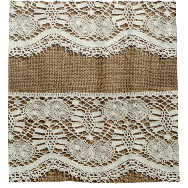 Rideaux De Douche toile de jute rustique, dentelle blanche, cru, (Devant)