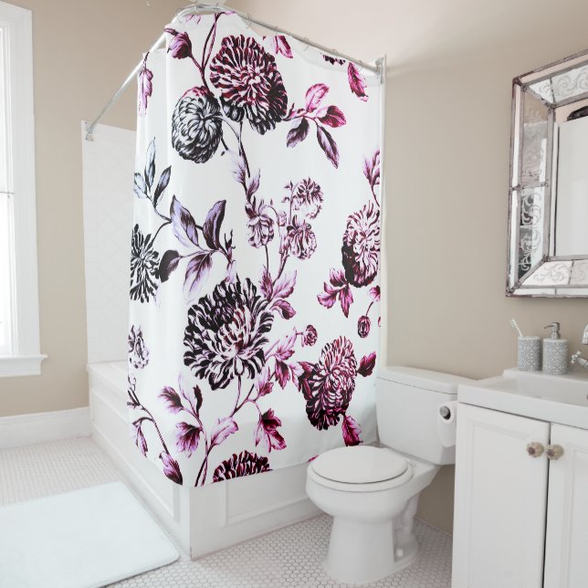 Rideaux De Douche Toile florale blanche noire et Rose n° 2 (En situation)