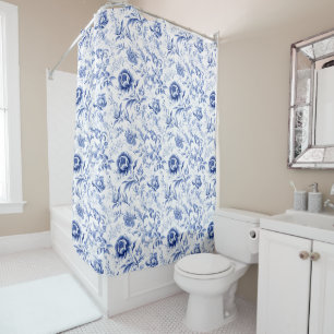 Rideaux De Douche Toile Florale Bleu Blanc Français Pays Aquarelle