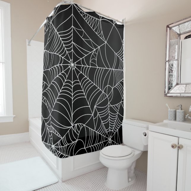 Rideaux De Douche Toiles d'araignées noires et blanches Halloween (En situation)