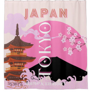 Rideaux De Douche Tokyo Japan Travel Art, Retro Travel Art, Rose