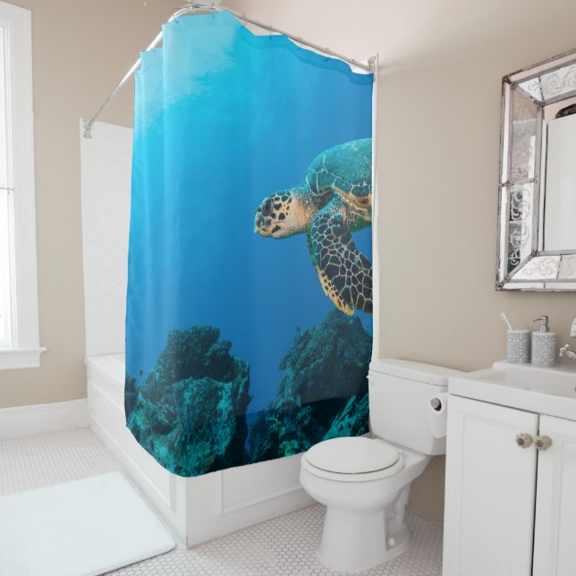 Rideaux De Douche Tortue de mer Cool personnalisée Océan bleu (En situation)