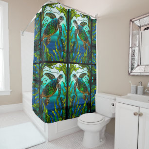 Rideaux De Douche Tortue de mer côtière tropicale Turquoise Verre te