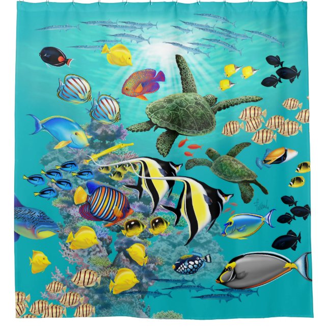 Rideaux De Douche Tortue de mer tropicale hawaïenne de poissons de (Devant)