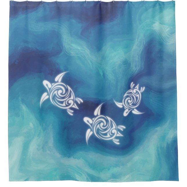 Rideaux De Douche Tortues blanches en bleu Aquarelle Océan Côté (Devant)