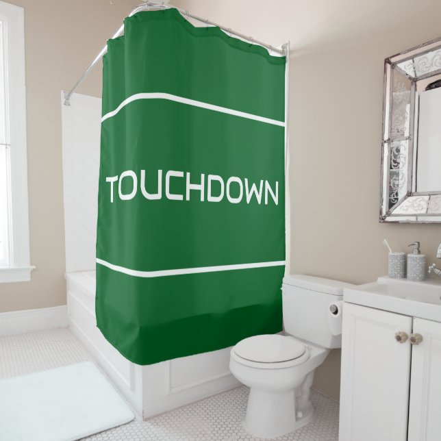 Rideaux De Douche TOUCHDOWN Modern White Text Stripes On Deep Green (En situation)