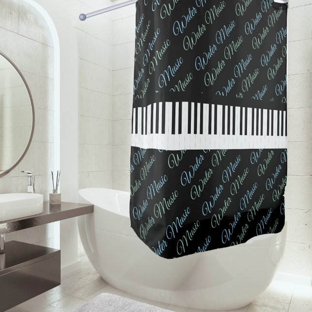 Rideaux De Douche Touches de piano de musique aquatique (A shower curtain patterned with 'Water Music' in script typography, with piano keys round the middle)