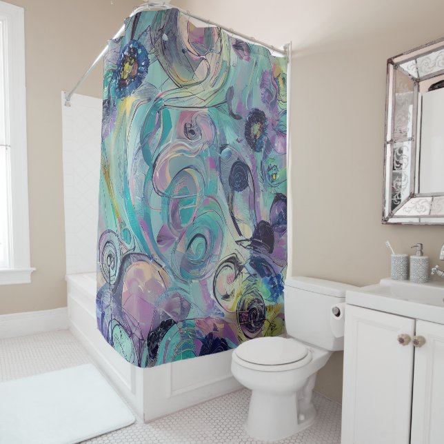 Rideaux De Douche Tourbillons abstraits violets et bleus (En situation)