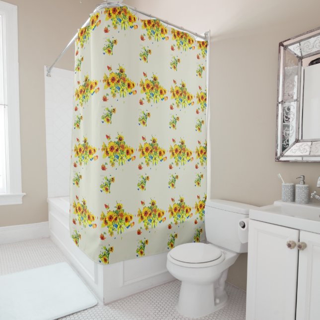 Rideaux De Douche Tournesol jaune floral sur blanc (En situation)