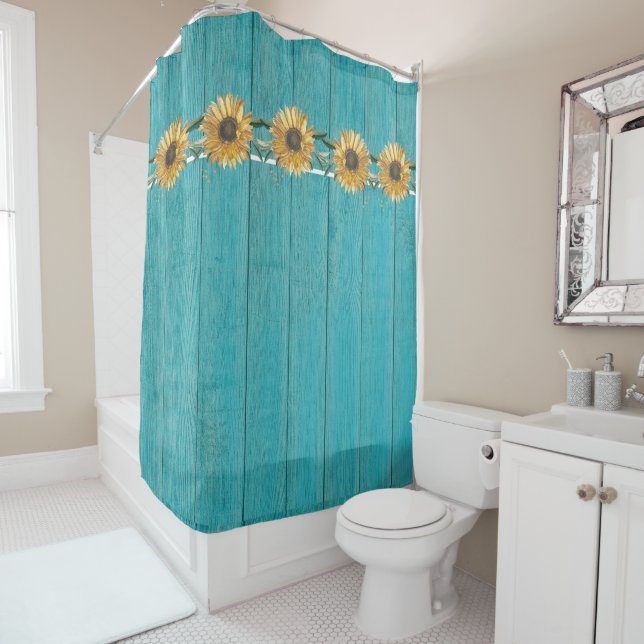 Rideaux De Douche Tournesol rustique Turquoise Bleu Grange Bois pays (En situation)