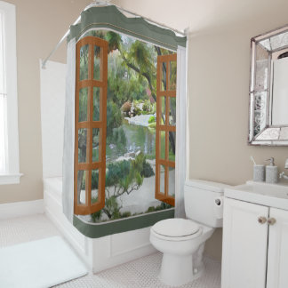 Rideaux De Douche Tranquilité de vue de fenêtre d'un jardin japonais