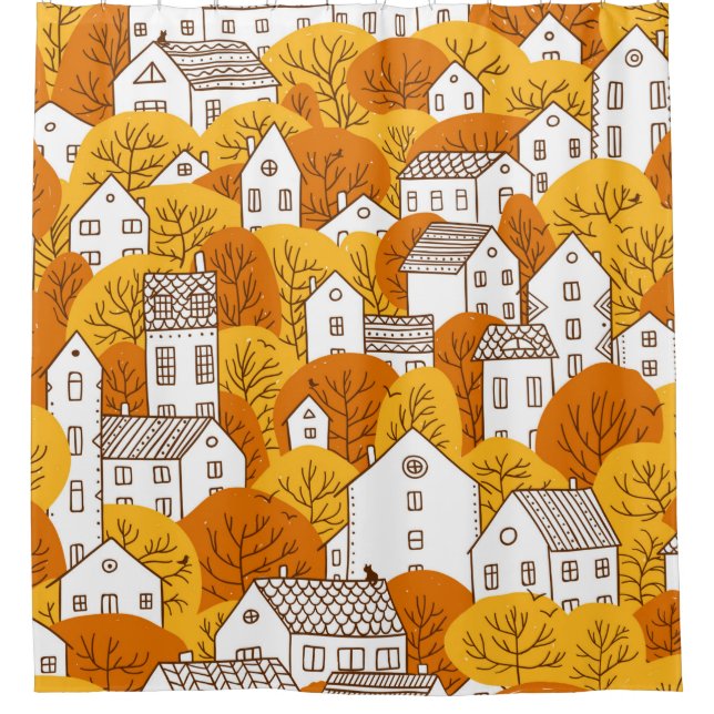 Rideaux De Douche Trees and houses seamless pattern. Autumn, fall ci (Devant)