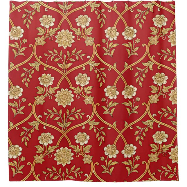 Rideaux De Douche Treillis Floral Rouge Or Élégant (Devant)