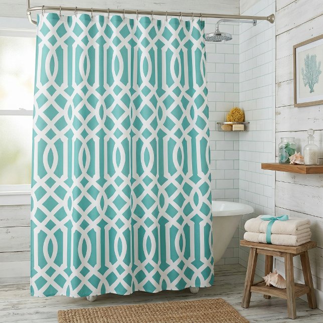Rideaux De Douche Trellis Aqua et Blanc | Couleurs Éditable (Créateur téléchargé)