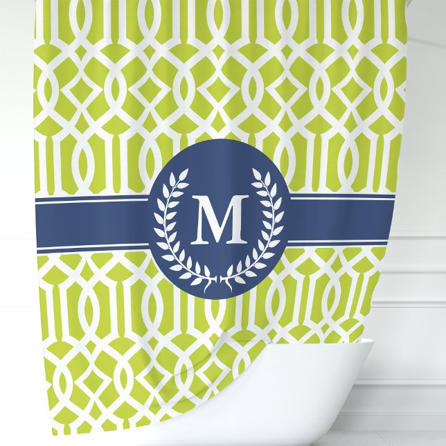Rideaux De Douche Trellis Marocain Monogramme Vert et Bleu Marine (Créateur téléchargé)