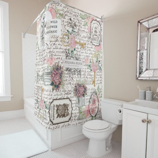 Rideaux De Douche Trendy newspaper Botanical Chic Frenchy pattern (En situation)
