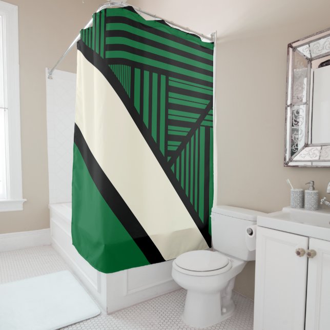 Rideaux De Douche Triangle - Vert, Crème et Noir (En situation)