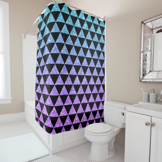 Rideaux De Douche Triangles noirs Purple et Parties scintillant bleu (En situation)