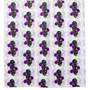 Rideaux De Douche Triple Jour Noir Des Crânes Morts Roses Violets