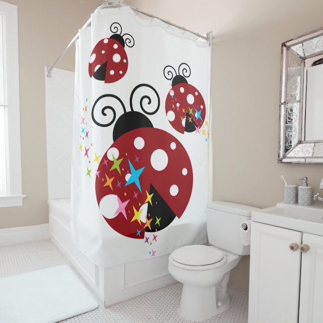 Rideaux De Douche Trois coccinelle rouge et noire avec étoiles (En situation)