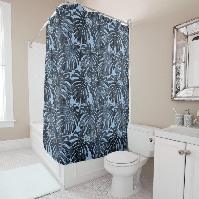 Rideaux De Douche Tropical Dark Blue Jungle Feuilles (En situation)
