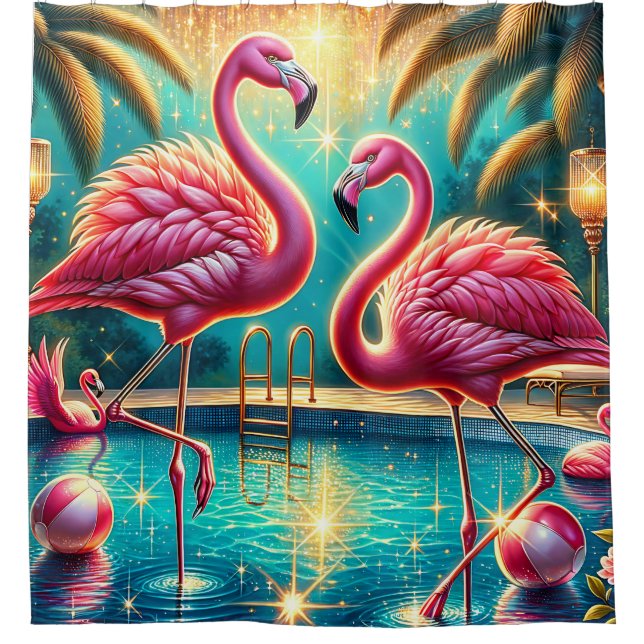 Rideaux De Douche "Tropical Flamant rose Pool Party - Vibrant Retro  (Devant)
