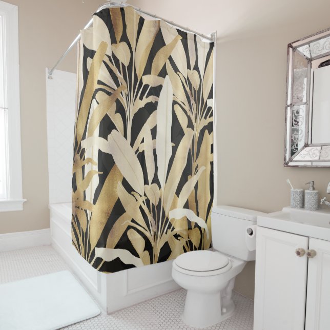 Rideaux De Douche Tropical Gold Banana Leaves Black Pattern (En situation)