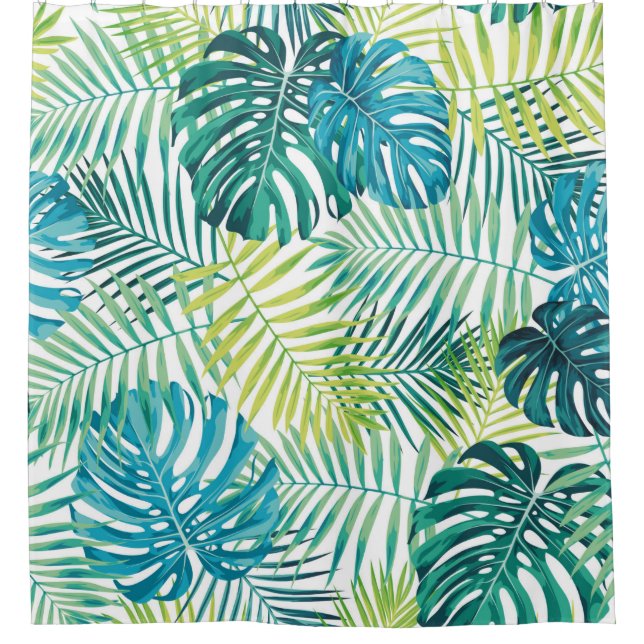 Rideaux De Douche Tropical leaf design featuring green/blue palm and (Devant)