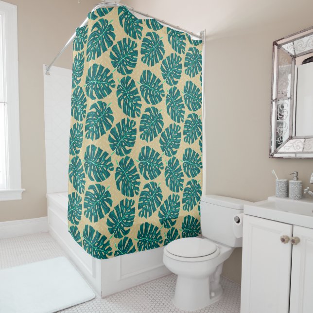 Rideaux De Douche Tropical Palm Teal Beige (En situation)