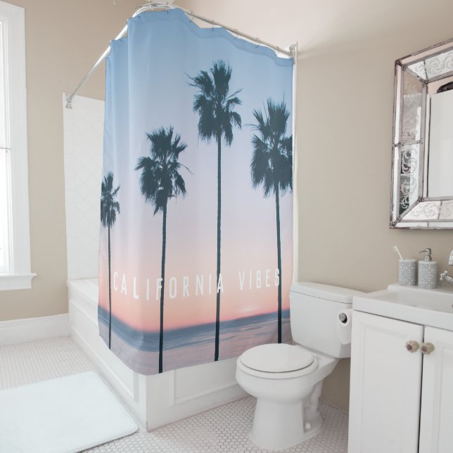 Rideaux De Douche Tropical Pink Blue Palm Trees Sunset Personnalisé (En situation)