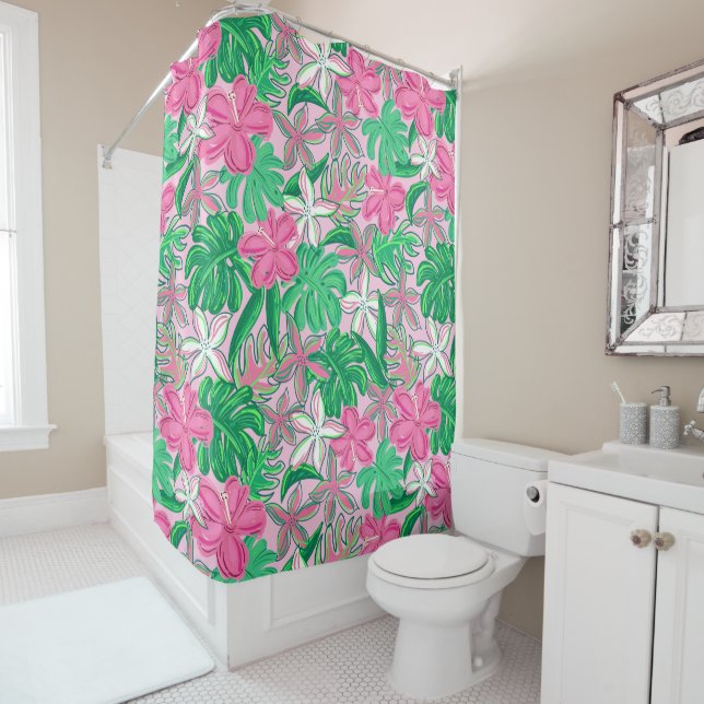 Rideaux De Douche Tropical Pink White Flowers Palm Leaves Preppy (En situation)