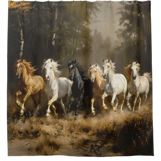 Rideaux De Douche Troupeau de chevaux dans la peinture forestière (Devant)