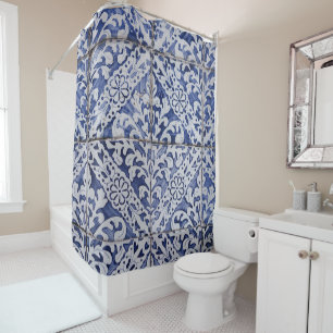 Rideaux De Douche Tuiles portugaises - Azulejo Floral bleu et blanc