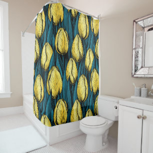 Rideaux De Douche Tulières jaunes avec feuilles bleus