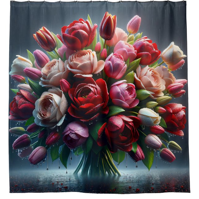 Rideaux De Douche "Tulipes pluvieuses et Bouquet Rose" (Devant)