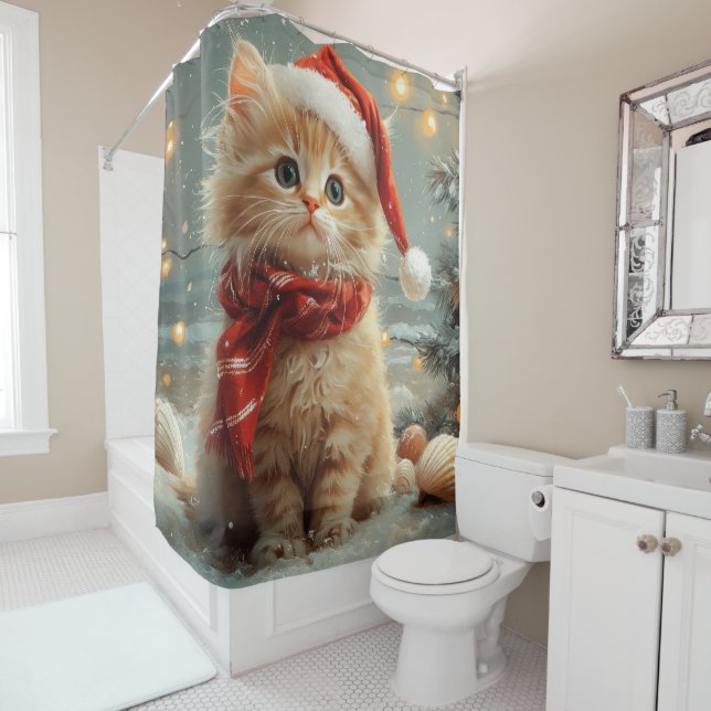 Rideaux De Douche Turc Angora Chat Noël Plage Vintage (En situation)