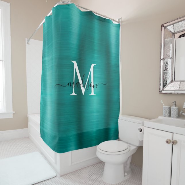 Rideaux De Douche Turquoise Aqua Brossé Monogramme métallique Fille  (En situation)