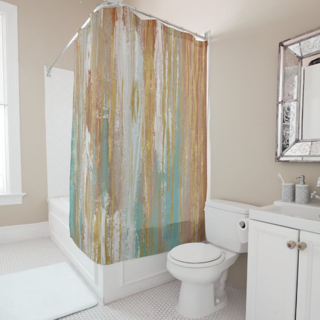 Rideaux De Douche Turquoise, blanc, rouge ocre et or Abstrait (En situation)