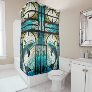 Rideaux De Douche Turquoise bleu blanc dauphin look de verre tendu