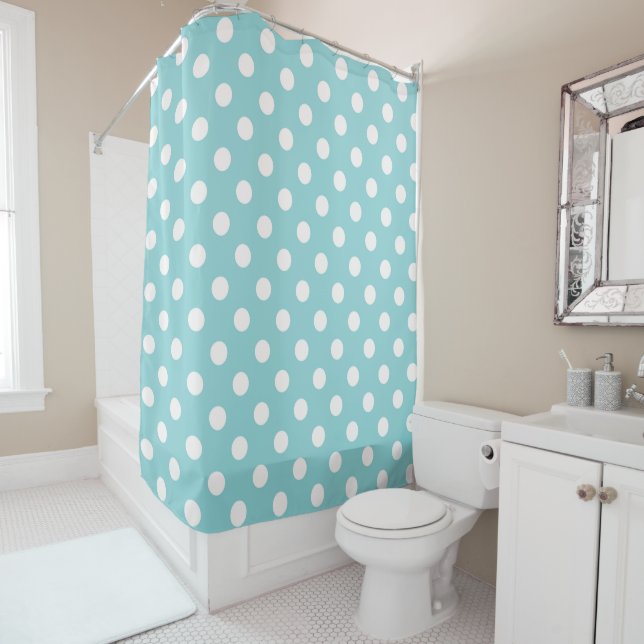 Rideaux De Douche Turquoise Bleu & Points Blancs Point (En situation)