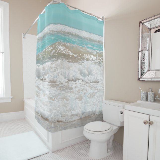 Rideaux De Douche Turquoise Blue Sky Ocean Waves Foam (En situation)