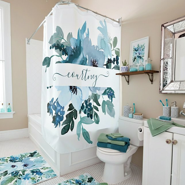 Rideaux De Douche Turquoise et bleu aquarelle floral personnalisé (Créateur téléchargé)