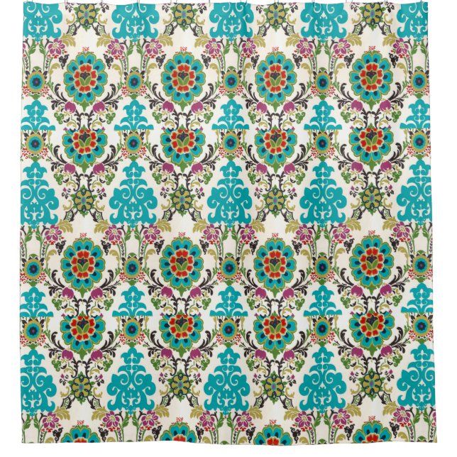 Rideaux De Douche Turquoise florale de prune de motifs de damassé (Devant)